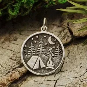 Tent Charm, Camping Charm, Campfire Scene Charm, Camping Scene Charm, Campground Charm, Outdoors Charm, Nature Charm, Sterling Silver