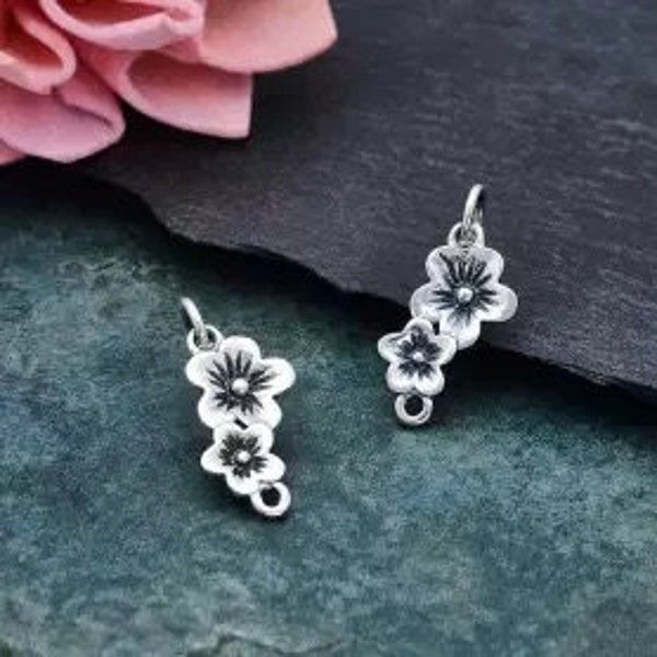 Sterling Silver Double Cherry Blossom Link, Cherry Blossom Link Charm, Flower Charm, Sterling Silver Charm, Flower Pendant