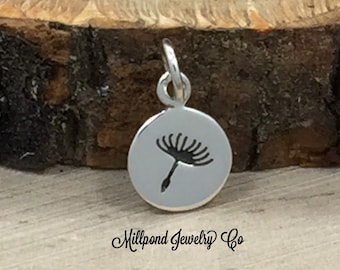 Dandelion Charm, Dandelion Disc Charm, Flower Charm, Sterling Silver Dandelion Charm, TINY, One Piece