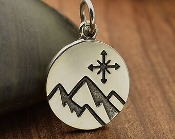 Sterling Silver Mountain Charm with Compass, Mountain Range Charm, Mountain Charm, Compass Charm, Outdoors Charm, Sterling Silver Charm