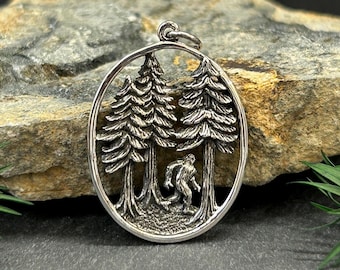Sterling Silver Bigfoot in the Forest Pendant, Bigfoot Charm, Sasquatch Charm, Bigfoot Pendant, Sasquatch Pendant
