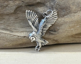 Sterling Silver Soaring Owl Charm, Sterling Silver Flying Owl Charm, Owl Charm, Owl Pendant, Sterling Silver Owl Charm, Night Owl
