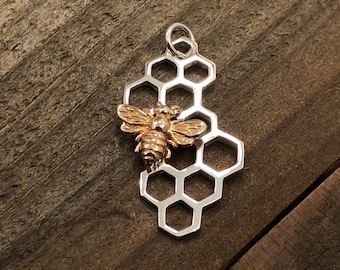 Sterling Silver Honeycomb Pendant with Bronze Bee, Honeycomb Pendant, Bee Charm, Honeybee Charm, Bee Keeper Charm, Sterling Silver
