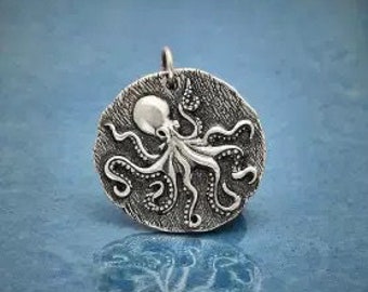 Sterling Silver Octopus Coin Pendant Octopus Charm, Sterling Silver Octopus Charm, Sea Life Charm, Beach Charm