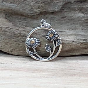 Mixed Metal Daisies in a Circle Pendant, Sterling Silver Daisy Charm, Sterling Silver and Bronze Daisy Charm, Flower Charm