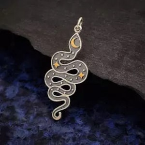 Snake Charm, Snake Charm with Bronze Moon and Stars, Sterling Silver Charm, Snake Pendant with Bronze Moon and Stars