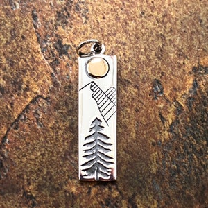 Mountain Range Charm, Sterling Silver Pine Tree Charm with Bronze Sun, Mountain Charm, Nature Charm, Outdoors Charm image 2