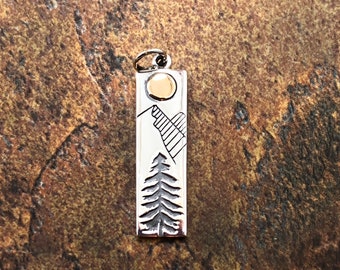 Mountain Range Charm, Sterling Silver Pine Tree Charm with Bronze Sun, Mountain Charm, Nature Charm, Outdoors Charm