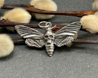 Sterling Silver Death Heads Moth Pendant with Skull, Moth Charm, Deaths Head Moth Charm, Skull Charm, Sterling Silver Charm, Goth Charm