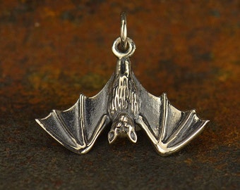 Bat Charm, Hanging Bat Charm, Vampire Charm, Halloween Charm, Sterling Silver Charm, PS01362