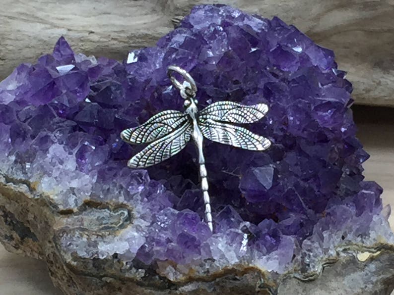 May include: A silver dragonfly pendant with detailed wing patterns rests on a vibrant purple amethyst crystal. The dragonfly's delicate design is highlighted against the crystal's textured surface, creating a striking contrast.