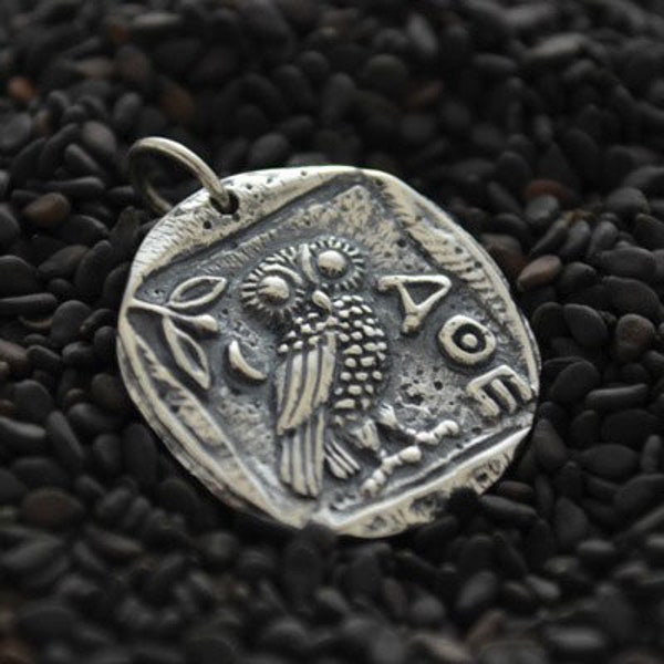 Athena's Owl Charm, Silver Coin Charm, Owl Charm, Coin Charm, Mystical Charm, Mythical Charm, Sterling Silver, PS01347