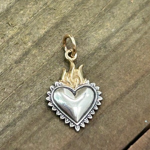 Sterling Silver Heart Pendant with Bronze Flame, Heart Charm, Heart and Flame Charm, Flaming Heart Charm
