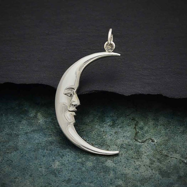 Sterling Silver Large Smiling Moon Pendant, Moon Charm, Crescent Moon Dangle Charm, Sterling Silver Moon Charm