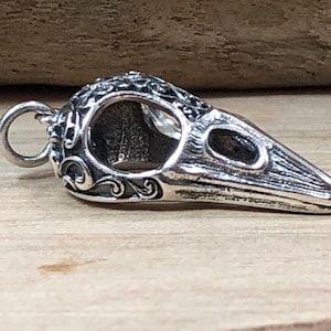 Sterling Silver Raven Skull Charm with Scroll Carving, Raven Charm, Raven Pendant, Sparrow Skull Charm, Bird Skull Charm