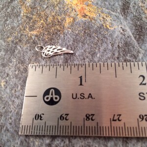Puede incluir: Encanto de ala de plata que mide aproximadamente 2,5 cm de largo. El encanto se muestra junto a una regla para referencia de tama&ntilde;o.