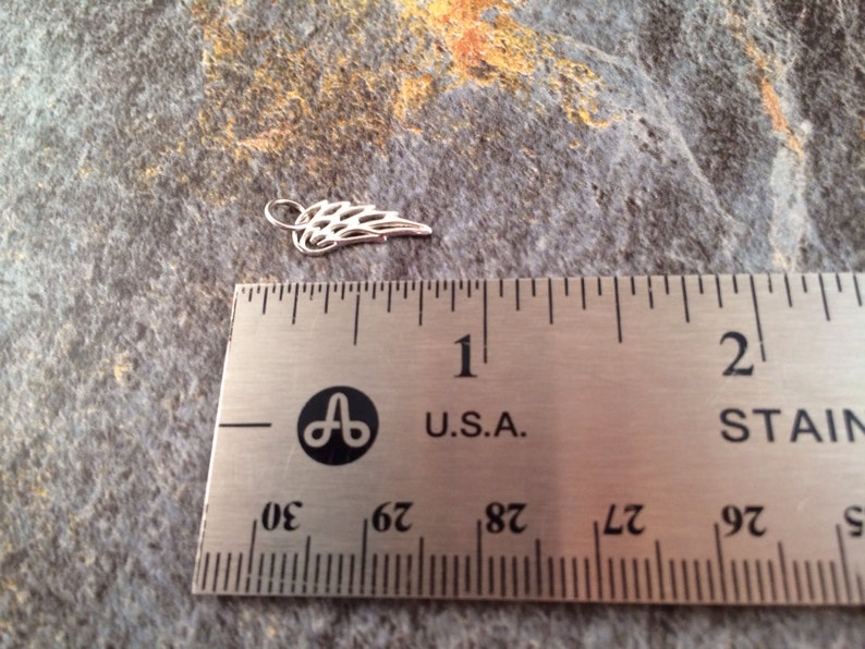 Puede incluir: Encanto de ala de plata que mide aproximadamente 2,5 cm de largo. El encanto se muestra junto a una regla para referencia de tama&ntilde;o.