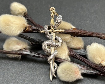 Mixed Metal Sword and Snake Pendant, Sterling Silver Sword Pendant with Snake, Sword Charm, Snake Charm, Pirate Charm, Sword Fighting Gift