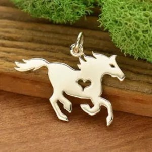 Horse Charm, Horse Pendant, Horse with Heart Charm, Running Horse Charm, Sterling Silver Charm, Flat Horse Charm, Horse Lover Charm, PS01621