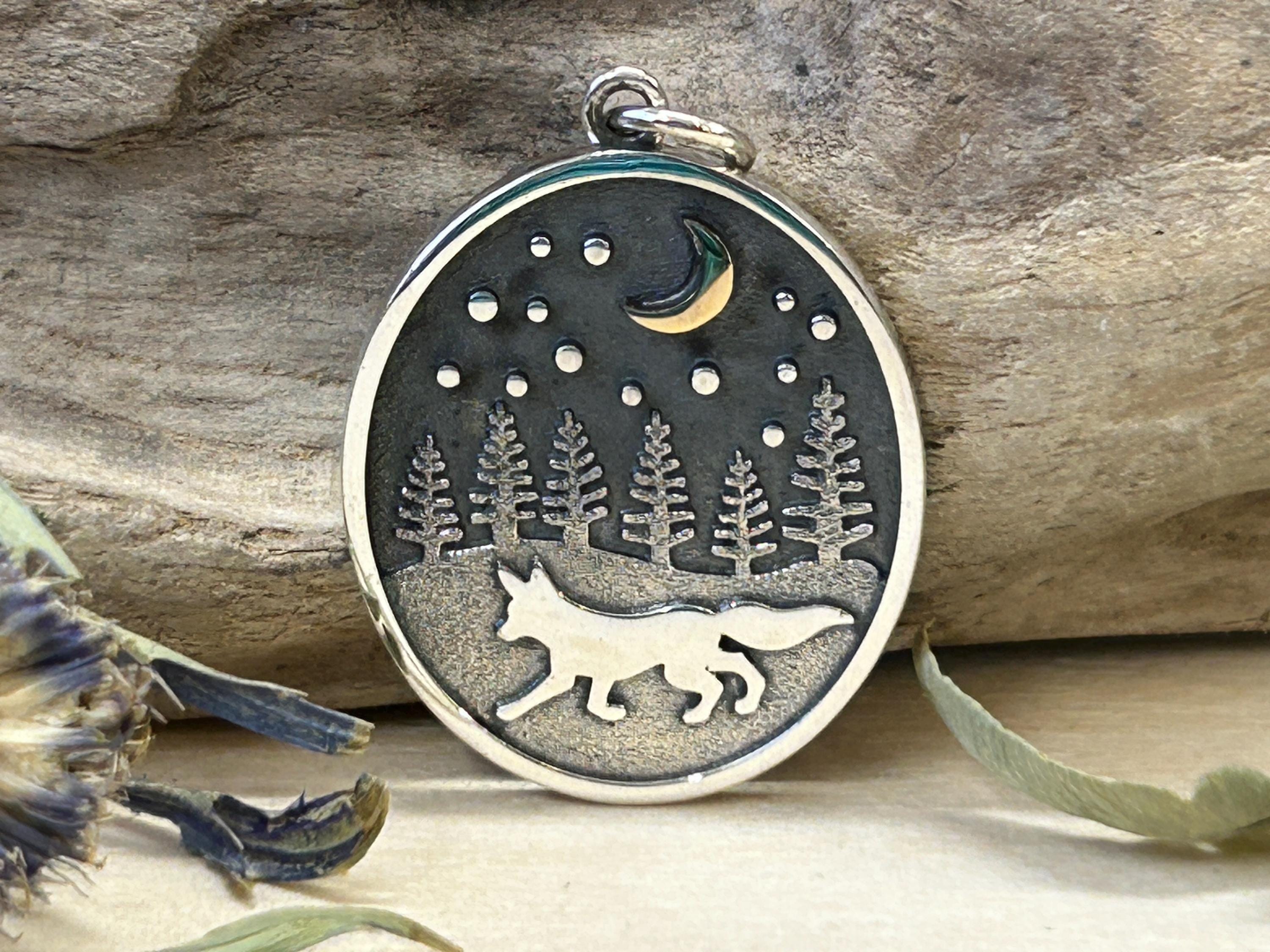 Mixed Metal Running Fox in Meadow Charm, Fox Charm, Silver Fox Charm with Bronze Star and Moon, Sterling Silver Charm, Celestial Fox Charm