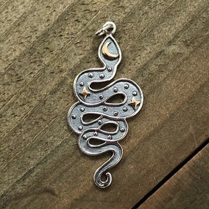Snake Charm, Snake Charm with Bronze Moon and Stars, Sterling Silver Charm, Snake Pendant with Bronze Moon and Stars