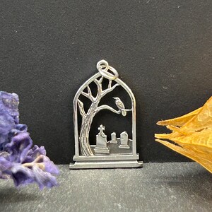 Sterling Silver Graveyard Charm, Raven Charm, Tombstone Charm, Spooky Charm, Halloween Charm, Halloween Jewelry, Graveyard Jewelry image 7