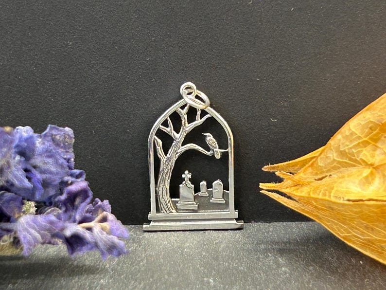Sterling Silver Graveyard Charm, Raven Charm, Tombstone Charm, Spooky Charm, Halloween Charm, Halloween Jewelry, Graveyard Jewelry image 7
