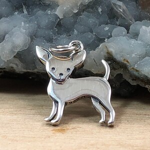 May include: A silver-colored Chihuahua pendant with a loop for a necklace. The dog charm is standing with its tail curved up. The pendant is highly polished and reflects light. The background is a light brown surface with a blue and white stone.