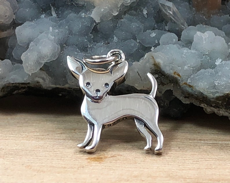 May include: A silver-colored Chihuahua pendant with a loop for a necklace. The dog charm is standing with its tail curved up. The pendant is highly polished and reflects light. The background is a light brown surface with a blue and white stone.