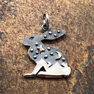 Rabbit Charm, Hare Charm with Mountains and Bronze Moon, Sterling Silver Charm, Bunny Charm, Hare Charm with Mountains, Flat Rabbit Charm
