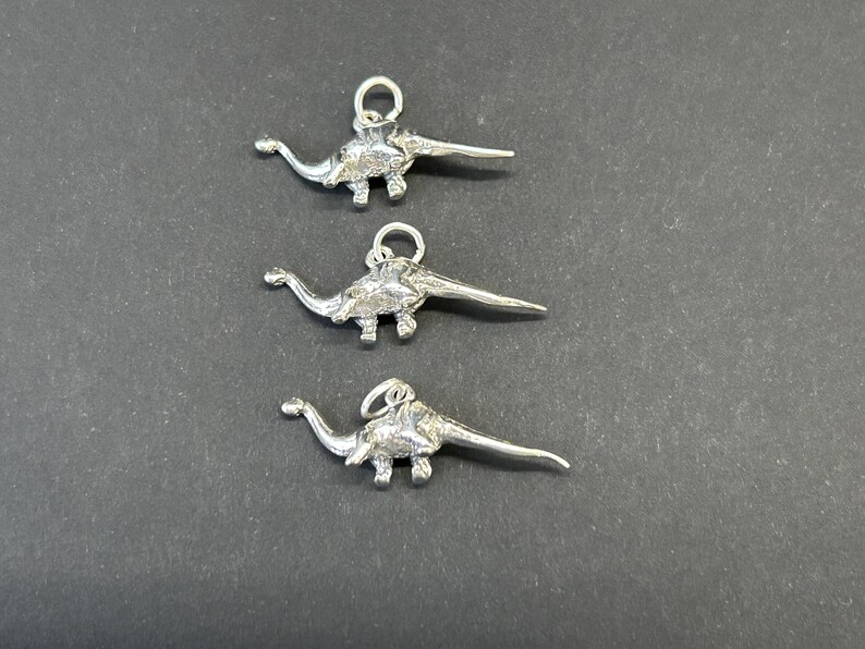 Puede incluir: Tres abalorios de dinosaurio de plata con un dise&ntilde;o detallado. Cada abalorio tiene un bucle en la parte superior para sujetarlo a un collar o una pulsera.