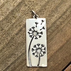 Sterling Silver Dandelion Pendant Long Rectangle, Dandelion Charm, Flower Charm, Dandelion Bar Pendant, Sterling Silver Dandelion Charm