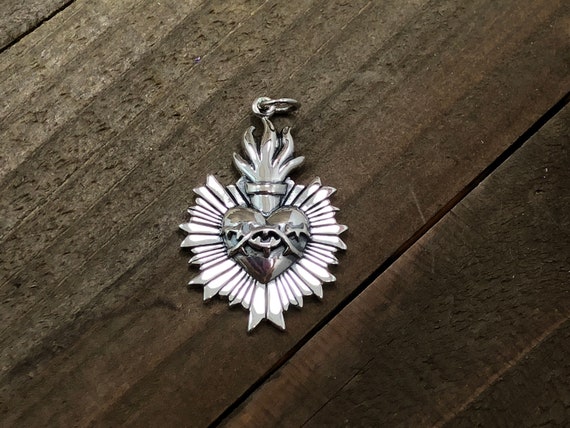 Sterling Silver Flaming Sacred Heart Pendant With Thorns, Sacred