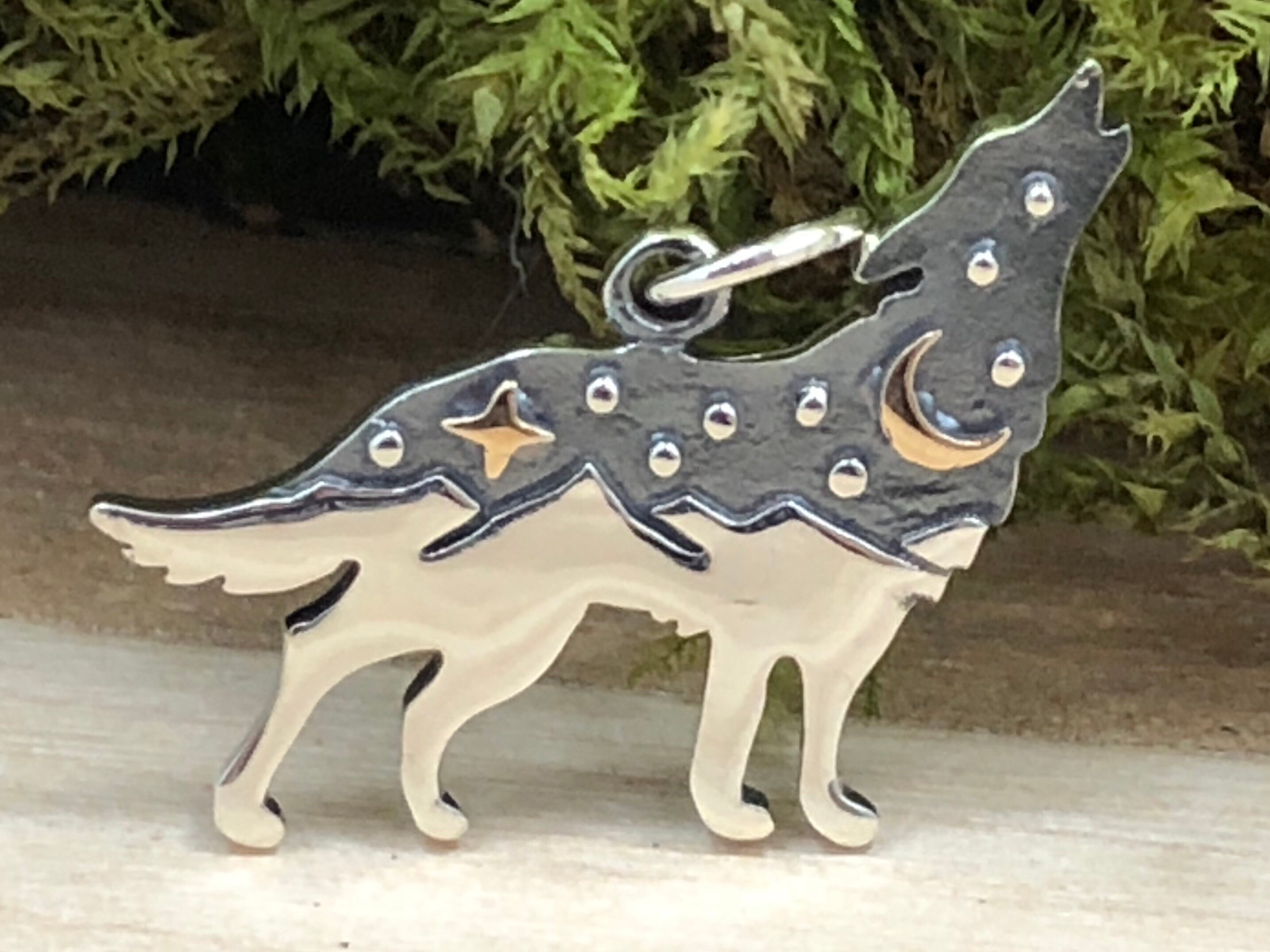 Wolf Charm Wolf Charm With Mountains and Bronze Moon Etsy