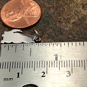 May include: A silver charm in the shape of the state of Long Island, New York, measured against a ruler. The charm is about 1 inch long.