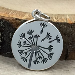 Dandelion Charm, Dandelion Disc Charm, Flower Charm, Sterling Silver Dandelion Charm