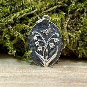 Sterling Silver Oval Lily of the Valley Charm, Lily Charm, Flower Charm, Butterfly Charm, Sterling Silver Charm, Flower Pendant