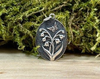 Sterling Silver Oval Lily of the Valley Charm, Lily Charm, Flower Charm, Butterfly Charm, Sterling Silver Charm, Flower Pendant