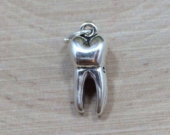 May include: A silver charm in the shape of a tooth. The charm is detailed and realistic, with a smooth, polished finish.