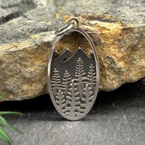 Sterling Silver Layered Tree and Mountain Charm, Pine Tree Charm, Sterling Silver Mountain Charm, Camping Charm, Forest Charm, Outdoor Charm