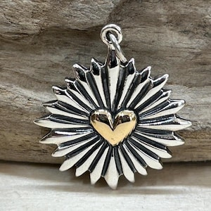 Large Mixed Metal Heart Pendant with Sunrays, Sterling Silver Heart Pendant, Heart Charm, Sterling Silver Heart Charm, Heart Charms