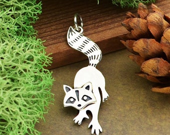 Raccoon Charm, Sterling Silver Raccoon Charm, Animal Lover Charm, Zoo Charm, Animal Lover Gift, Flat Fox Charm