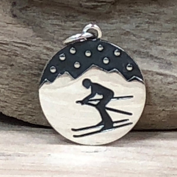 Sterling Silver Mountain and Skier Charm, Skier Charm, Winter Sports Charm, Sterling Silver, Winter Charm, Snow Charm