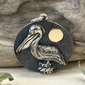 Sterling Silver Pelican Charm with Bronze Sun, Pelican Charm, Pelican Pendant, Bird Charm, Beach Charm, Ocean Charm, Sterling Silver Charm