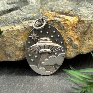 Sterling Silver UFO in Clouds Pendant, UFO Charm, Alien Charm, Extraterrestrial Charm, Space Charm, Outer Space Charm, Sterling Silver