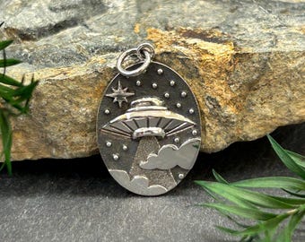 Sterling Silver UFO in Clouds Pendant, UFO Charm, Alien Charm, Extraterrestrial Charm, Space Charm, Outer Space Charm, Sterling Silver