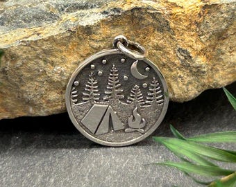 Tent Charm, Camping Charm, Campfire Scene Charm, Camping Scene Charm, Campground Charm, Outdoors Charm, Nature Charm, Sterling Silver