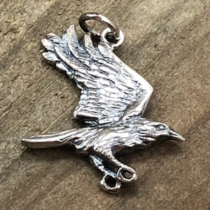 Raven Charm, Flying Raven Charm, Flying Raven Pendant, Raven Pendant, Bird Charm, Bird Pendant, Sterling Silver Charm