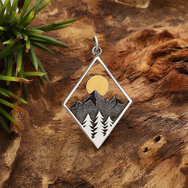 Mountain Charm with Bronze Moon, Sterling Silver Mountain Charm in Diamond Frame, Mountain Charm, Outdoors Charm, Sterling Silver Charm