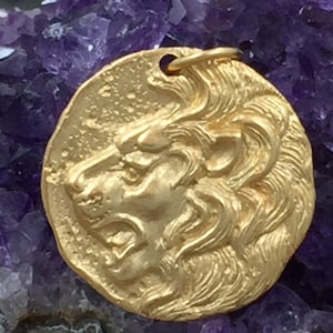 Lion Head Charm, Lion Charm, Coin Charm, Mystical Charm, Mythical Charm, Gold Plated Bronze, PG0191